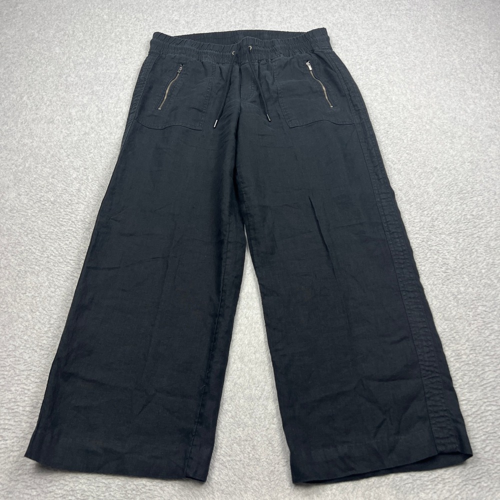 Athleta Cabo Linen Wide Leg Pants Womens 12 Black Woven Drawstring Pocket 447244
